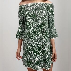 H&M Green and White Off the Shoulder Floral Mini Dress Size 8